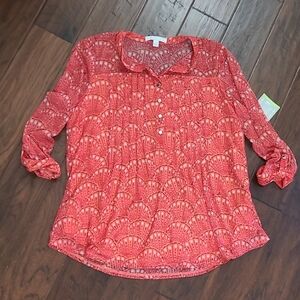 NWT Juniper + Lime Coral Polka-dot Blouse with sheer shoulders & sleeves Size 1X